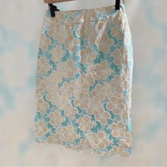 Antonio Melanie Metallic Pencil Skirt Women’s Size 0 Teal Gold Floral Brocade - Picture 2 of 9